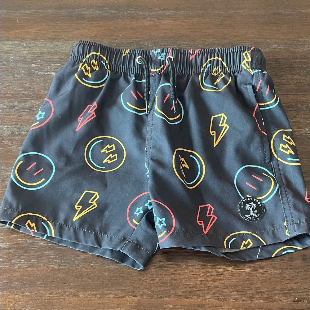 Swaggy Baby Black Swim Trunks with Colorful Lightning & Smile Icons 4T